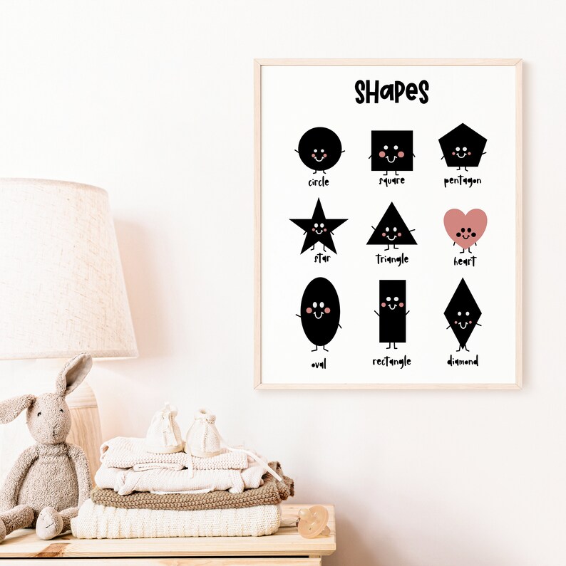 Nursery Printable, Shapes Printable, Black and Pink Art, Nursery Wall