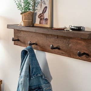 Rustic coat rack HEMINGWAY recycled wood 60 cm solid wood 4 metal hooks iron wall coat rack