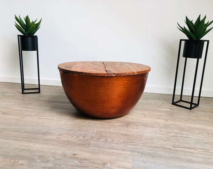 Coffee Table ORIENT STORAGE Storage Round Copper Acacia Metal Hammered ...