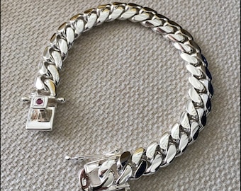 10mm 7.5inch pure 999 solid silver hand made Cuban link bracelet with ruby