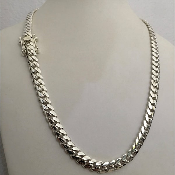 Cadena de eslabones cubanos de plata maciza pura 999 de 6 mm y 22 pulgadas, hecha a mano.