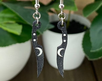Mini Knife Earrings, Crescent Moon, Laser Engraved Acrylic, Halloween Jewelry