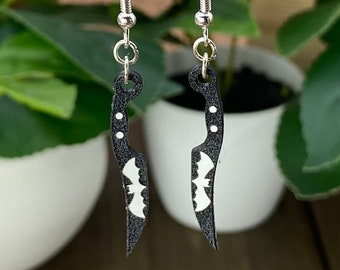 Bat Knife Dangle Earrings, Spooky Halloween Acrylic Earrings