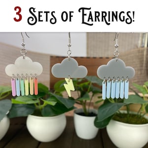 Rainbow Cloud, Rain Storm Cloud & Lightning Cloud Dangle Earrings Set with 3 Pairs of Unique and Fun Earrings