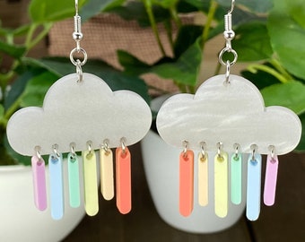 Rainbow Cloud Rain Dangle Earrings, Rainbow Pride Earrings, Weather Earrings, Colorful Earrings, LGBT Teardrop Dangle Earrings