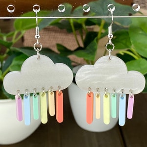 Rainbow Cloud Rain Dangle Earrings, Rainbow Pride Earrings, Weather Earrings, Colorful Earrings, LGBT Teardrop Dangle Earrings
