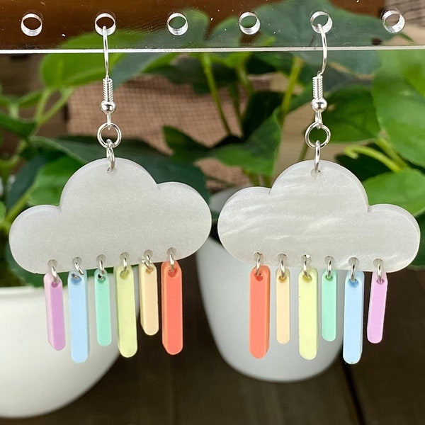 Rainbow Cloud Rain Dangle Earrings, Rainbow Pride Earrings, Weather Earrings, Colorful Earrings, LGBT Teardrop Dangle Earrings