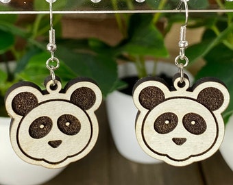 Panda Dangle Earrings, Laser Cut Wooden Panda Bear, Hypoallergenic Hooks