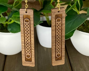 Laser Engraved Celtic Knot Walnut Bar Earrings, Hypoallergenic Hooks