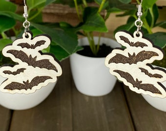 Halloween Bats Dangle Earrings, White Painted Wood