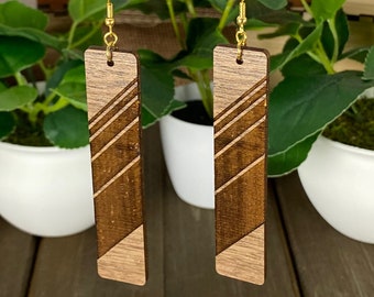 Geometric Walnut Bar Earrings, Laser Engraved, Hypoallergenic
