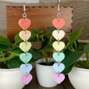 Pastel Rainbow Dangle Hearts Earrings, Pastel Rainbow Hearts Dangles, Classy Heart Earrings, Minimalist Love Earrings