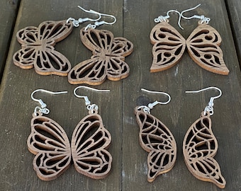Walnut Butterfly Wing Earrings, Laser Cut Wood, Hypoallergenic Hooks