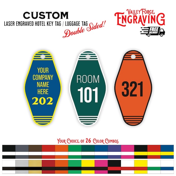 Custom Double Sided Hotel Key Tags, Custom Luggage Tags, Laser Cut Keytags, Personalized Keychains, Motel Keychain, Vintage Hotel Key Tags