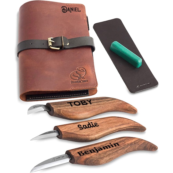 Personalized BeaverCraft Deluxe S15X Wood Carving Whittling Knives Set with Leather Case, Whittling Tools, Whittling Knives