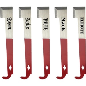 May include: Five personalized red and silver pry bars with the names Daniel, Sadie, Andie, Mack, and Elliott.