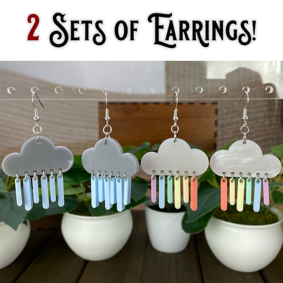 Rainbow Cloud & Rain Storm Cloud Dangle Earrings Set with 2 Pairs of Unique and Fun Earrings