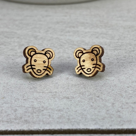 Cute Rat Face Stud Post Earrings, Adorable Wooden Rat Earrings, Classy Rat Earrings, Unique Rat Gift Ideas