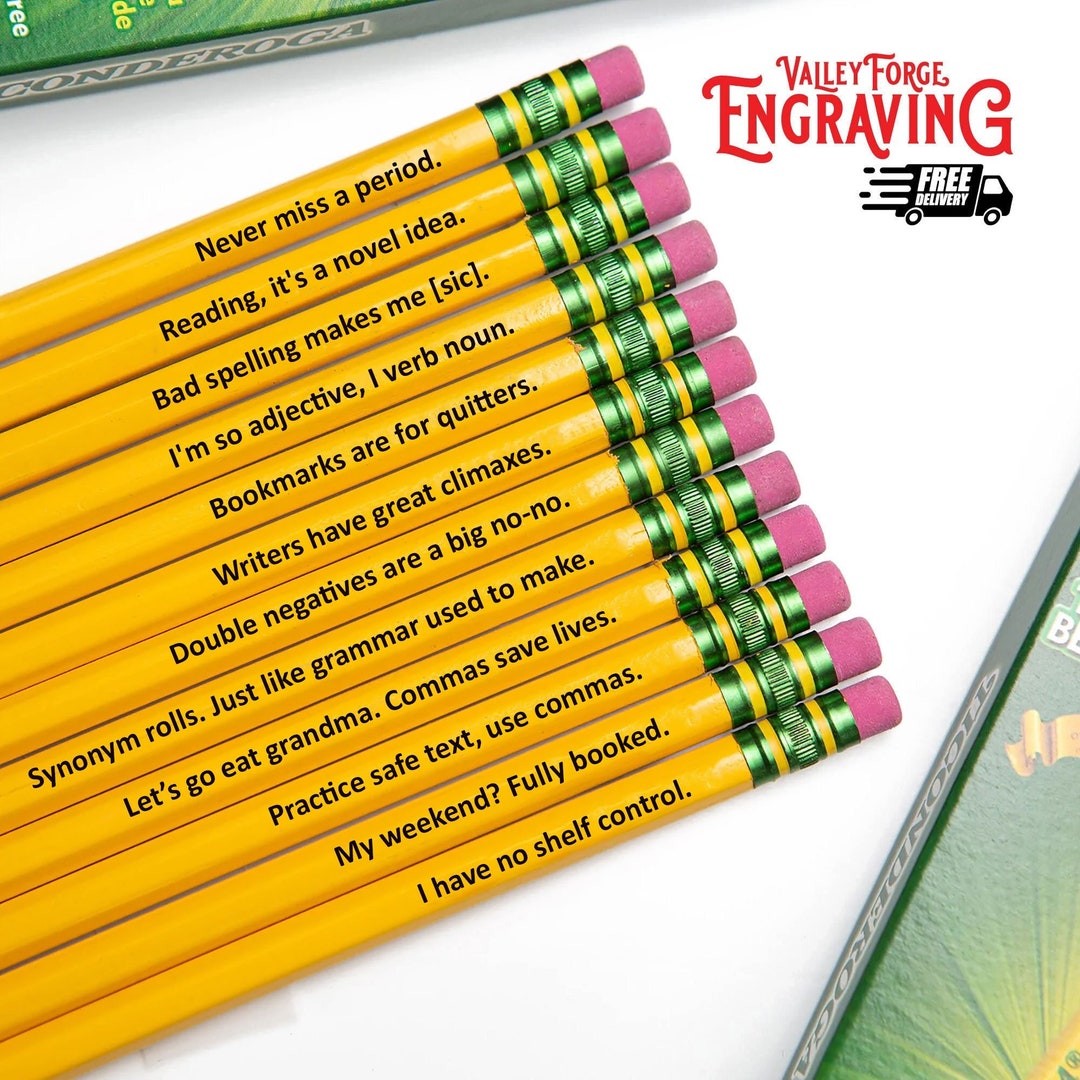 Reading Puns Pencils, Engraved Pencils, Back to School, 12 Pack Pencils