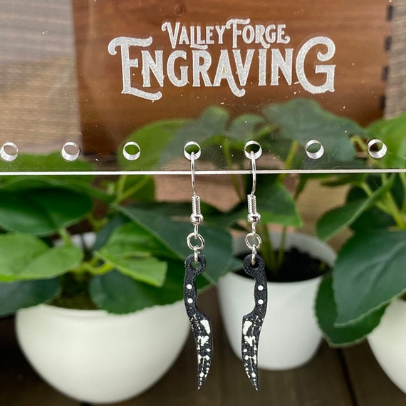 Mini Knife with Blood Splatter Dangle Earrings, Black and White Halloween Earrings, Blood Spatter Dangle Earrings