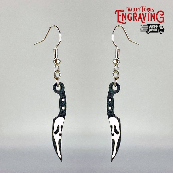 Mini Knife Ghost Face Dangle Earrings, Black and White Halloween Earrings, Ghost Face Earrings, Scream Earrings, Spooky Dangle Earrings