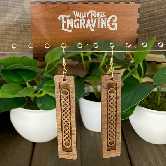 Celtic Knot Walnut Dangle Earrings, Walnut Wood Bar Earrings, Walnut Bar Drop Dangling Earrings