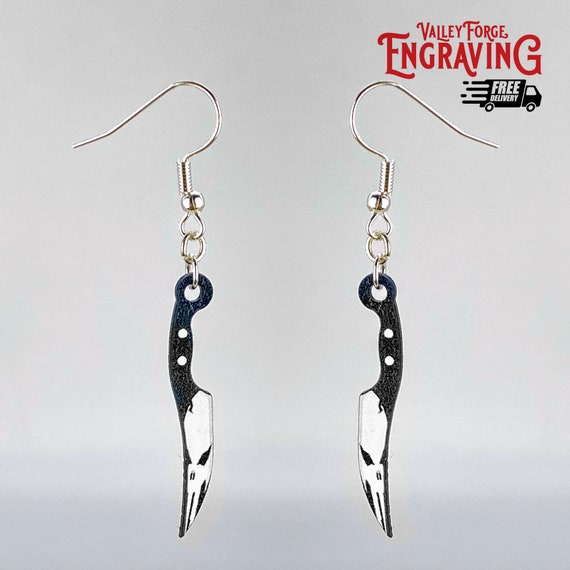 Mini Knife Punisher Skull Dangle Earrings, Black and White Halloween Earrings, Punisher Earrings, Skull Earrings, Spooky Dangle Earrings