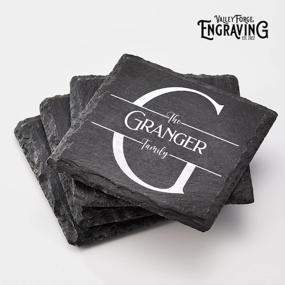 Custom Engraved Slate Coasters | Personalized Slate Coaster | Housewarming Gifts | Wedding Gifts | Anniversary Gifts | Family Name Coasters