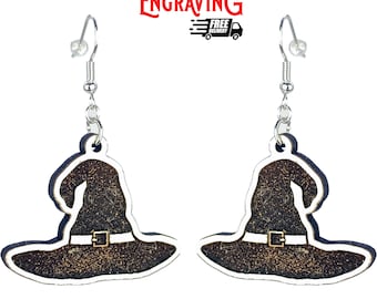 Laser Engraved Wood Witch Hat Earrings, Hypoallergenic Dangle Earrings