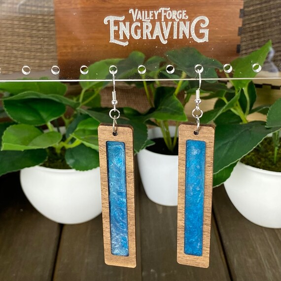 Walnut Ocean Bar Dangle Earrings, Walnut Wood Bar Earrings, Walnut with Translucent Blue Ocean Dangling Earrings