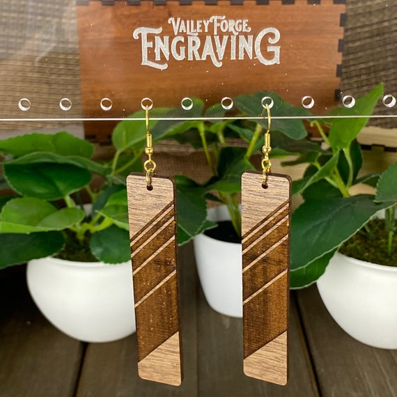 Geometric Walnut Dangle Earrings, Walnut Wood Diagonal Lines Bar Earrings, Walnut Bar Drop Dangling Earrings