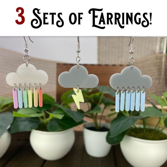 Rainbow Cloud, Rain Storm Cloud & Lightning Cloud Dangle Earrings Set with 3 Pairs of Unique and Fun Earrings