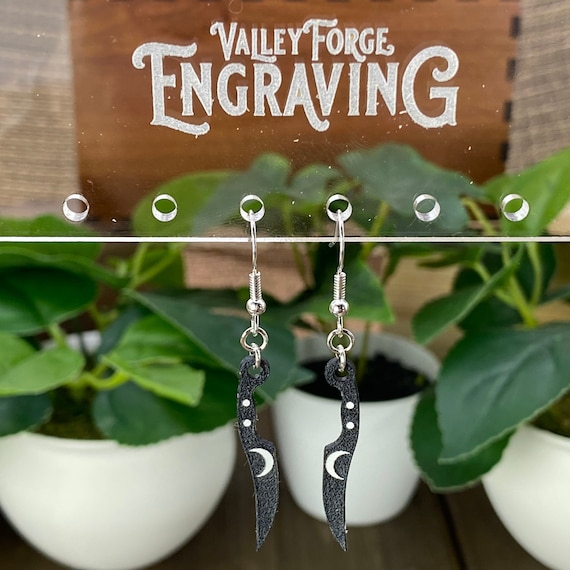 Mini Knife with Moons Dangle Earrings, Black and White Halloween Earrings, Night Sky Dangle Earrings, Crescent Moon