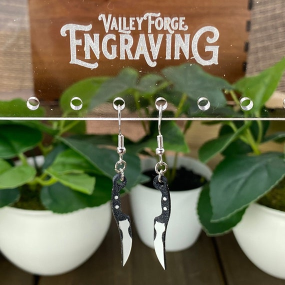 Mini Knife with Cat Silhouette Dangle Earrings, Black and White Halloween Earrings, Cat Dangle Earrings, Dagger Earrings