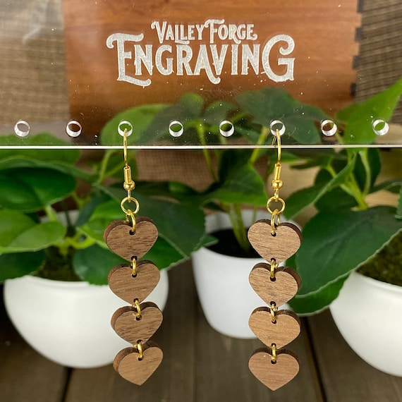 Walnut Dangle Hearts Earrings, Walnut Wood Hearts Earrings, Classy Heart Earrings, Minimalist Love Earrings