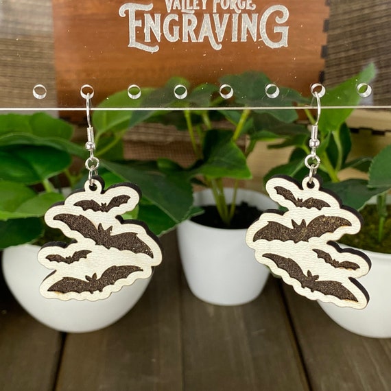Halloween Bats Dangle Earrings, Black and White Bats Wooden Earrings, Cute Bats Earrings for Party