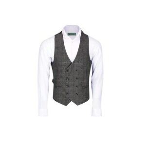 Carer Mens Classic Double Breasted Waistcoat Low Cut Tweed Check Smart Tailored Fit Vest