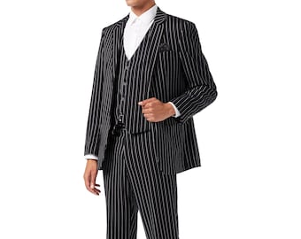 Men's Black Pinstripe 3 Piece Suit White Stripe Vintage Gatsby Style Tailored Fit