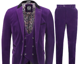 Ricky Mens 3 Piece Velvet Suit in Purple Tailored Fit Jacket Waistcoat Trousers Wedding Party Wear