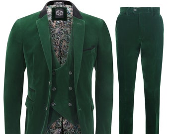 Mens 3 Piece Green Velvet Suit Tailored Fit Tux Jacket Wedding Groom Party