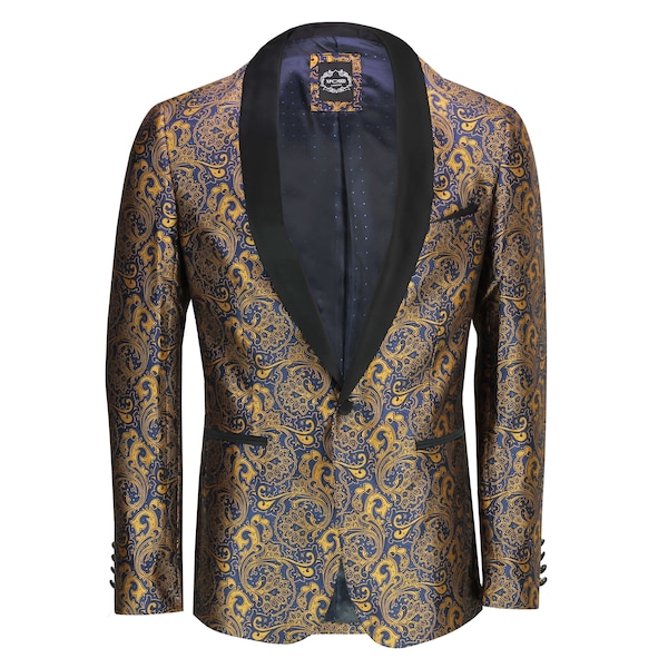 Veste de smoking vintage pour homme imprimée cachemire dorée sur bleu marine, blazer élégant et ajusté