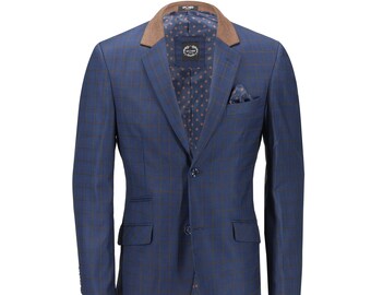 Falco – Men’s Windowpane Check Blazer Tan Navy Blue Tailored Fit Suit Jacket