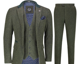 EDWARD - Mens Tweed 3 Piece Suit Retro Smart Tailored Fit Herringbone Jacket Waistcoat Trousers