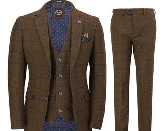 Mens Classic Tweed 3 Piece Suit Tan Brown Herringbone Navy Check Retro Tailored Fit