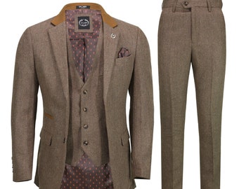 Mens 3 Piece Herringbone Tweed Suit in Brown and Navy Retro Style Fitted Blazer, Waistcoat, Trousers