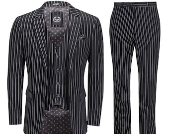 Mens 3 Piece Pin Stripe Suit Black White Retro 1920s Gatsby Style