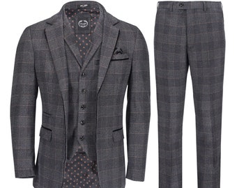 Ethan - Mens Tweed Suit 3 Piece Grey Herringbone Check Retro Classic 1920s Tailored Fit