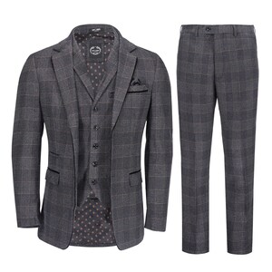 Ethan - Mens Tweed Suit 3 Piece Grey Herringbone Check Retro Classic 1920s Tailored Fit