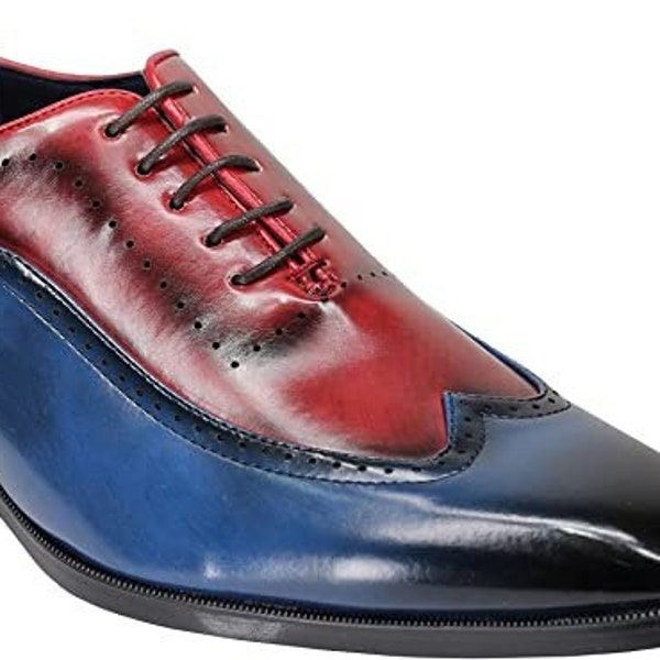 Mens Retro Brogue Shoes 2 Tone Colour Polished Faux Leather Dress Wingtip Oxford