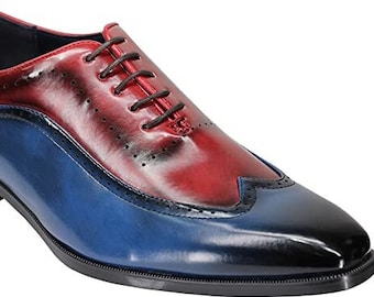 Mens Retro Brogue Shoes 2 Tone Colour Polished Faux Leather Dress Wingtip Oxford